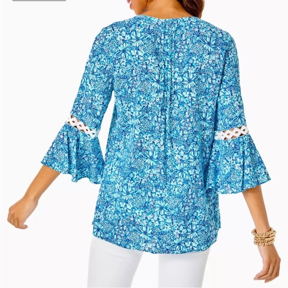 Lilly Pulitzer Blue & White Floral Print Peasant Style Blouse Top Size Small - Picture 2 of 14